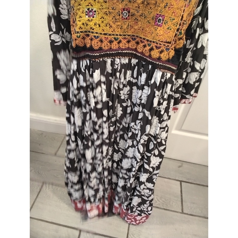 Boho Embroidered‎ Mirror Work Floral Maxi Dress Black White Yellow Long Sleeve - Picture 4 of 8